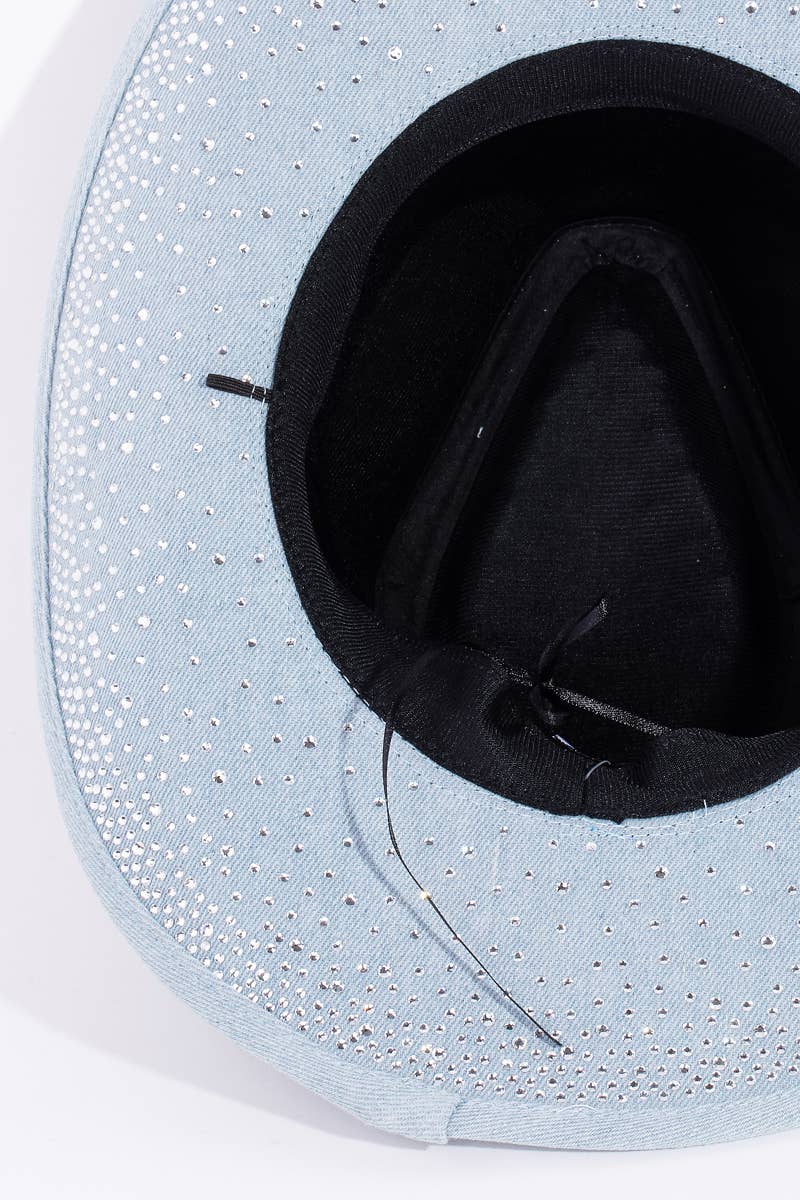 Rhinestone Studded Light Denim Cowboy Fedora Hat